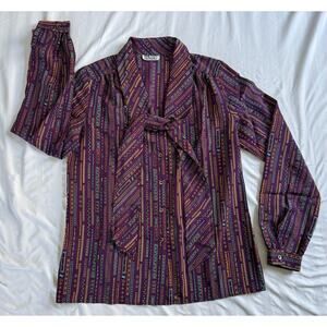 VTG New Editions Purple Multicolor Tie Neck Button Down Blouse